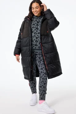 Women Scamp & Dude Black Quilted with Borg Longline Puffer Coat