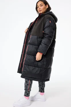 Women Scamp & Dude Black Quilted with Borg Longline Puffer Coat