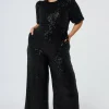 Women Scamp & Dude Black Sequin Puff Sleeve Wide Leg Jumpsuit