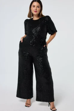 Women Scamp & Dude Black Sequin Puff Sleeve Wide Leg Jumpsuit