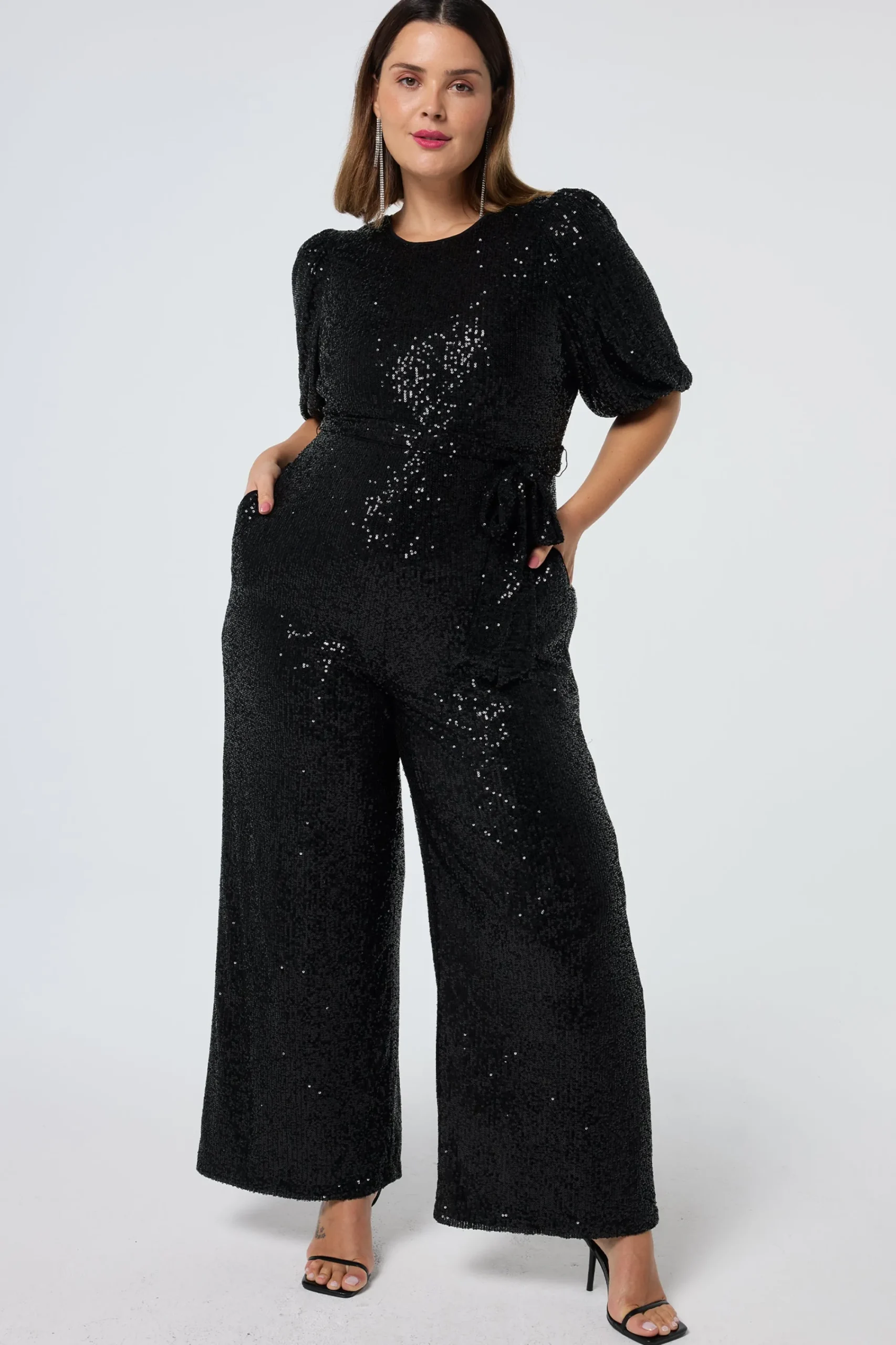 Women Scamp & Dude Black Sequin Puff Sleeve Wide Leg Jumpsuit