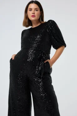 Women Scamp & Dude Black Sequin Puff Sleeve Wide Leg Jumpsuit