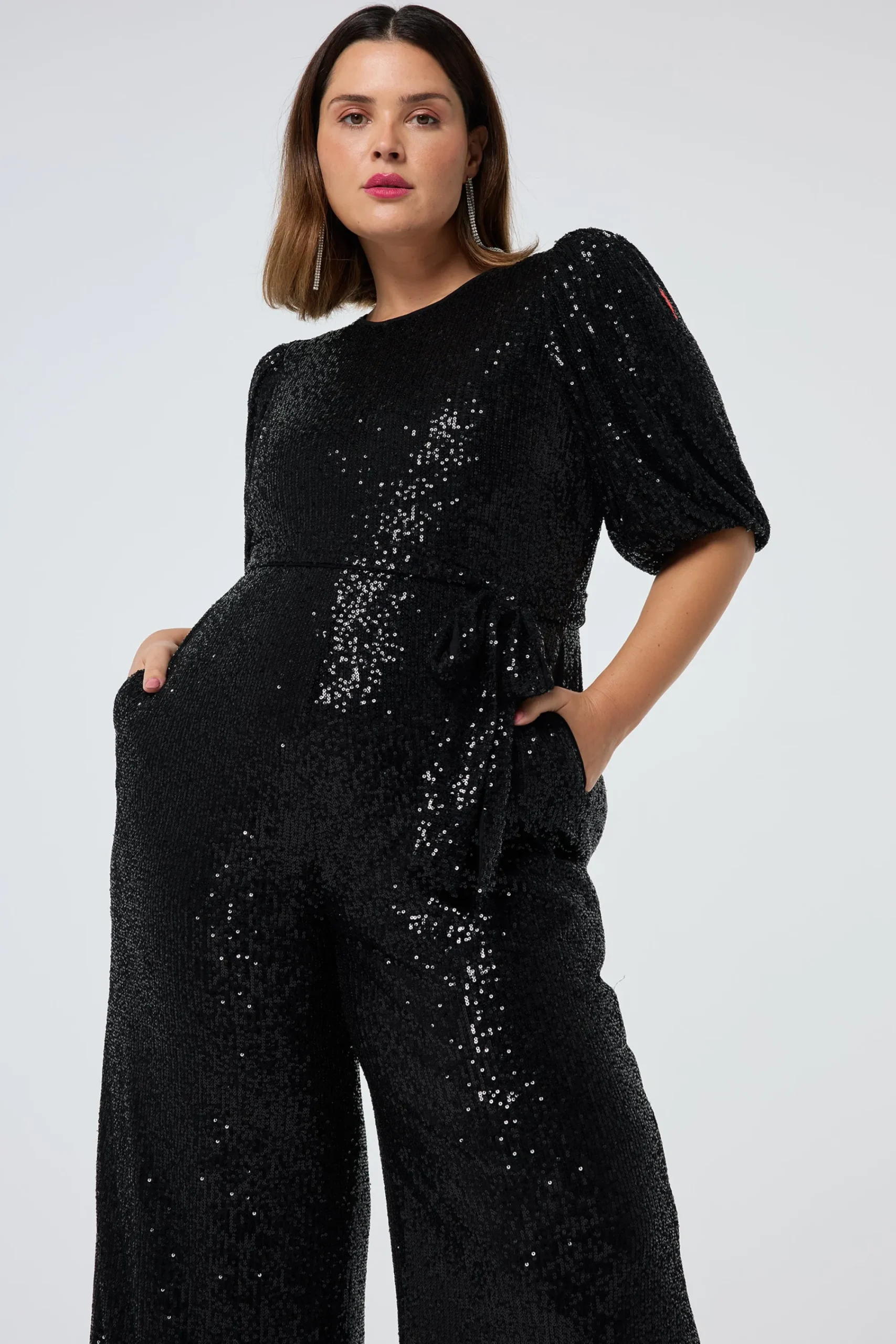 Women Scamp & Dude Black Sequin Puff Sleeve Wide Leg Jumpsuit
