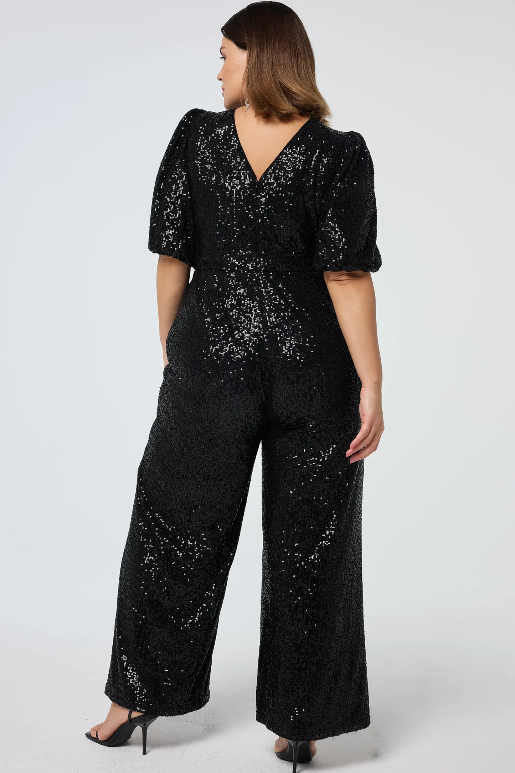 Women Scamp & Dude Black Sequin Puff Sleeve Wide Leg Jumpsuit
