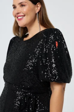Women Scamp & Dude Black Sequin Puff Sleeve Wide Leg Jumpsuit