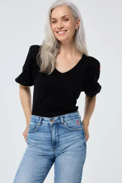 Women Scamp & Dude Black Studded V-Neck Puff Sleeve T-Shirt