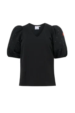 Women Scamp & Dude Black Studded V-Neck Puff Sleeve T-Shirt