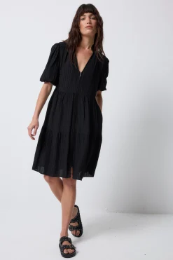 Women Scamp & Dude Black Textured Zip Detail Tiered Short Dress