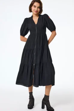 Women Scamp & Dude Black Textured Zip Detail Tiered Midi Dress