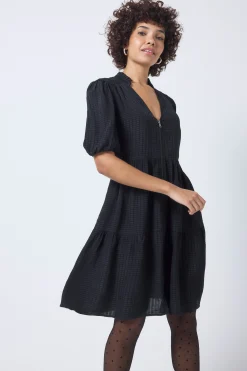 Women Scamp & Dude Black Textured Zip Detail Tiered Short Dress