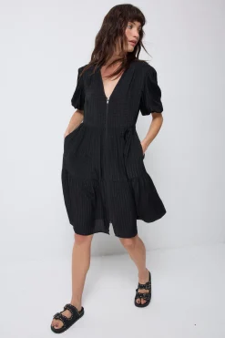 Women Scamp & Dude Black Textured Zip Detail Tiered Short Dress