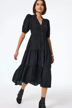 Women Scamp & Dude Black Textured Zip Detail Tiered Midi Dress