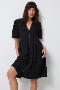 Women Scamp & Dude Black Textured Zip Detail Tiered Short Dress