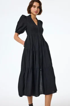 Women Scamp & Dude Black Textured Zip Detail Tiered Midi Dress