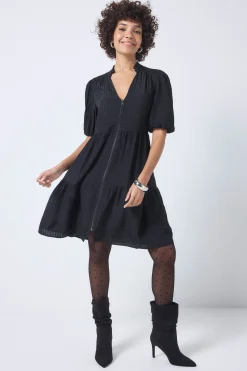 Women Scamp & Dude Black Textured Zip Detail Tiered Short Dress