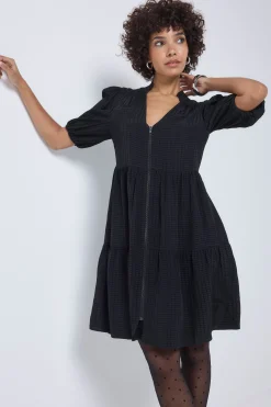 Women Scamp & Dude Black Textured Zip Detail Tiered Short Dress