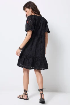 Women Scamp & Dude Black V-Neck Broderie Short Dress