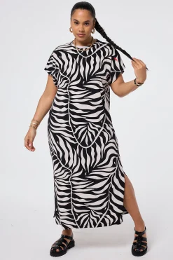 Women Scamp & Dude Black with Cream Palm Midi T-Shirt Dress