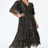 Women Scamp & Dude Black with Gold Spot Leopard Jacquard Ruffle Sleeve Tiered Midi Dress
