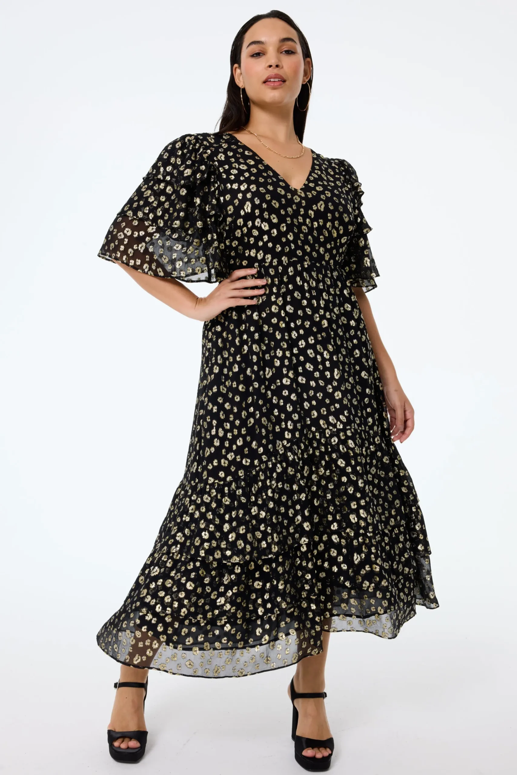 Women Scamp & Dude Black with Gold Spot Leopard Jacquard Ruffle Sleeve Tiered Midi Dress