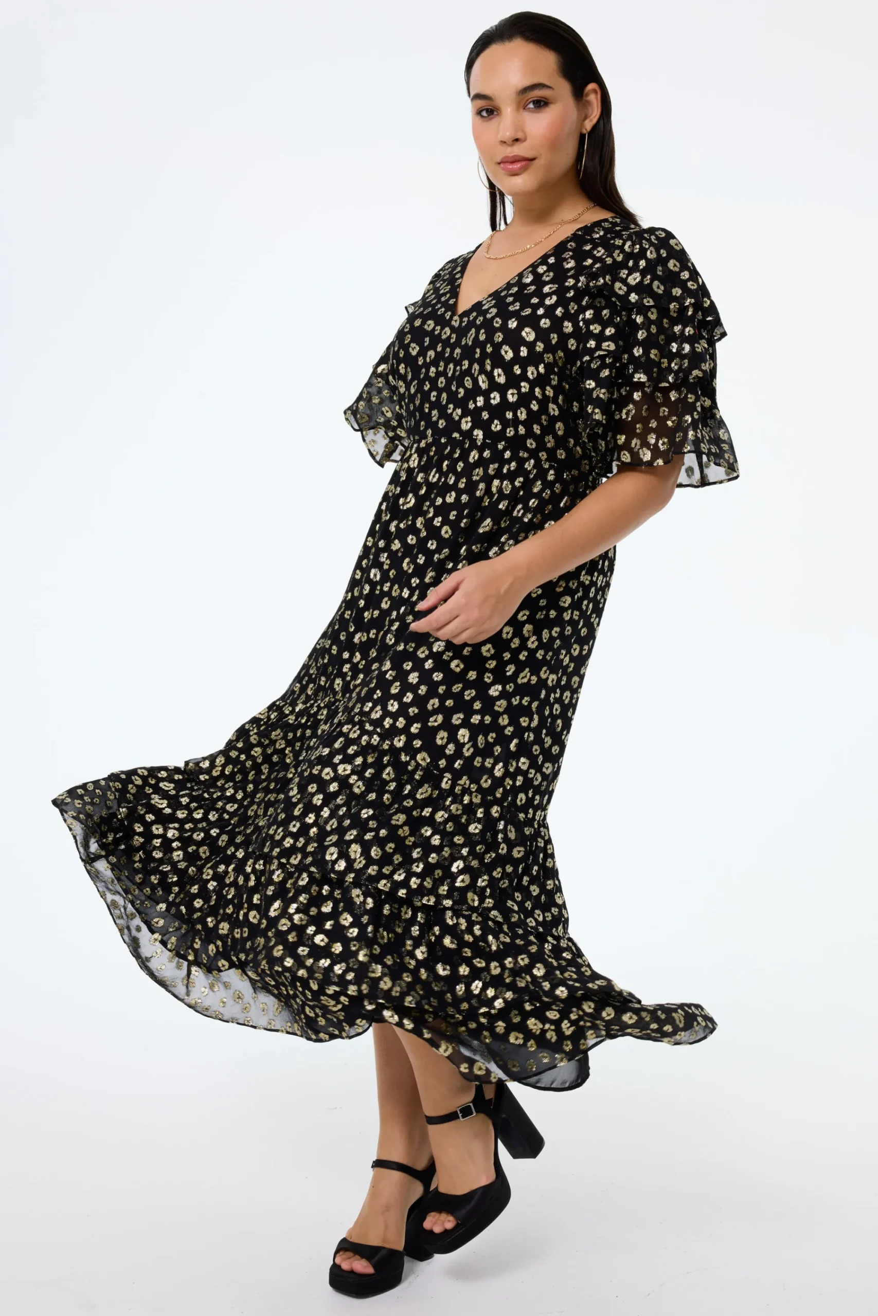 Women Scamp & Dude Black with Gold Spot Leopard Jacquard Ruffle Sleeve Tiered Midi Dress