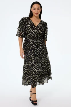 Women Scamp & Dude Black with Gold Spot Leopard Jacquard Ruffle Sleeve Tiered Midi Dress