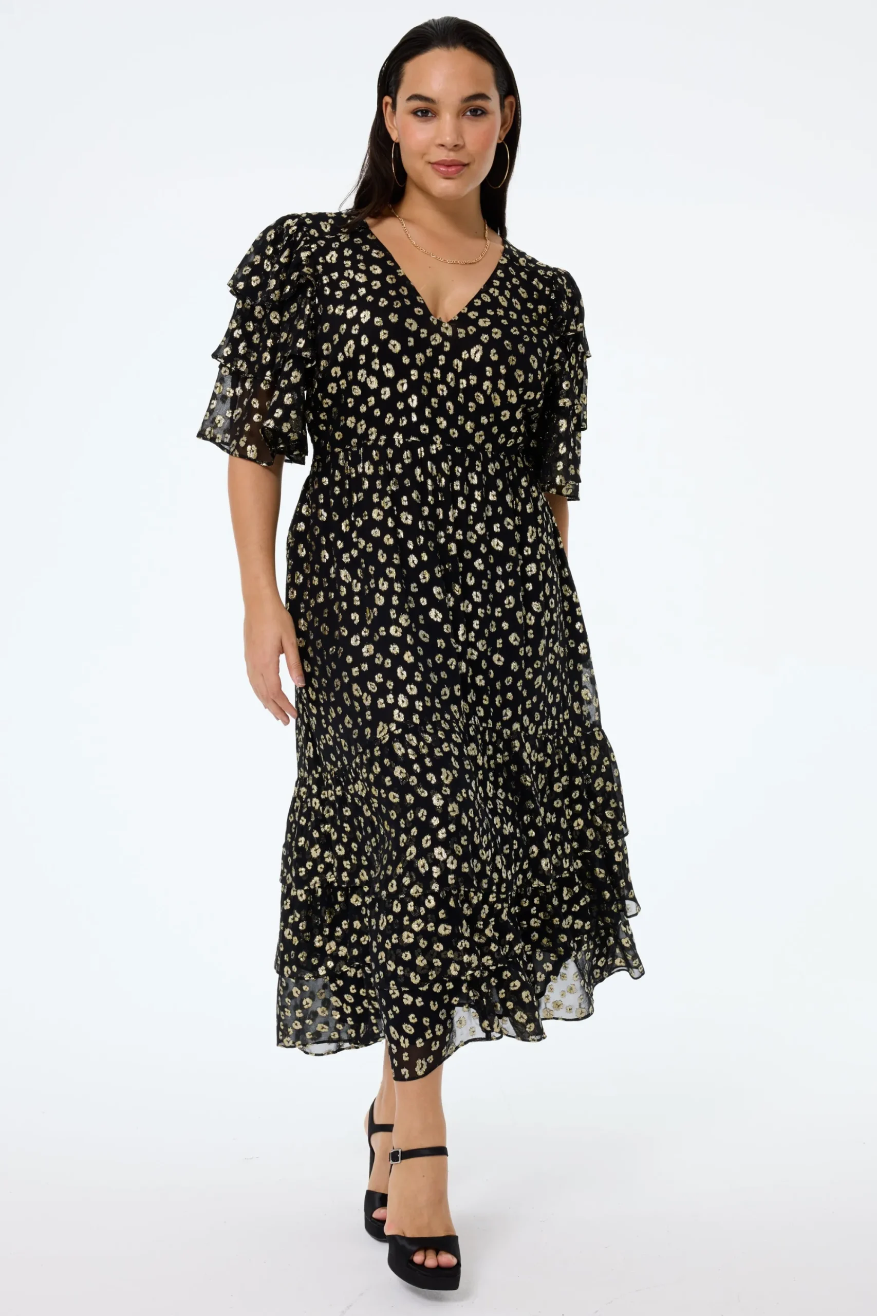 Women Scamp & Dude Black with Gold Spot Leopard Jacquard Ruffle Sleeve Tiered Midi Dress