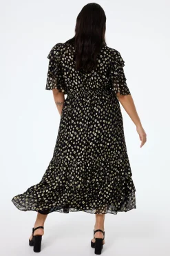 Women Scamp & Dude Black with Gold Spot Leopard Jacquard Ruffle Sleeve Tiered Midi Dress