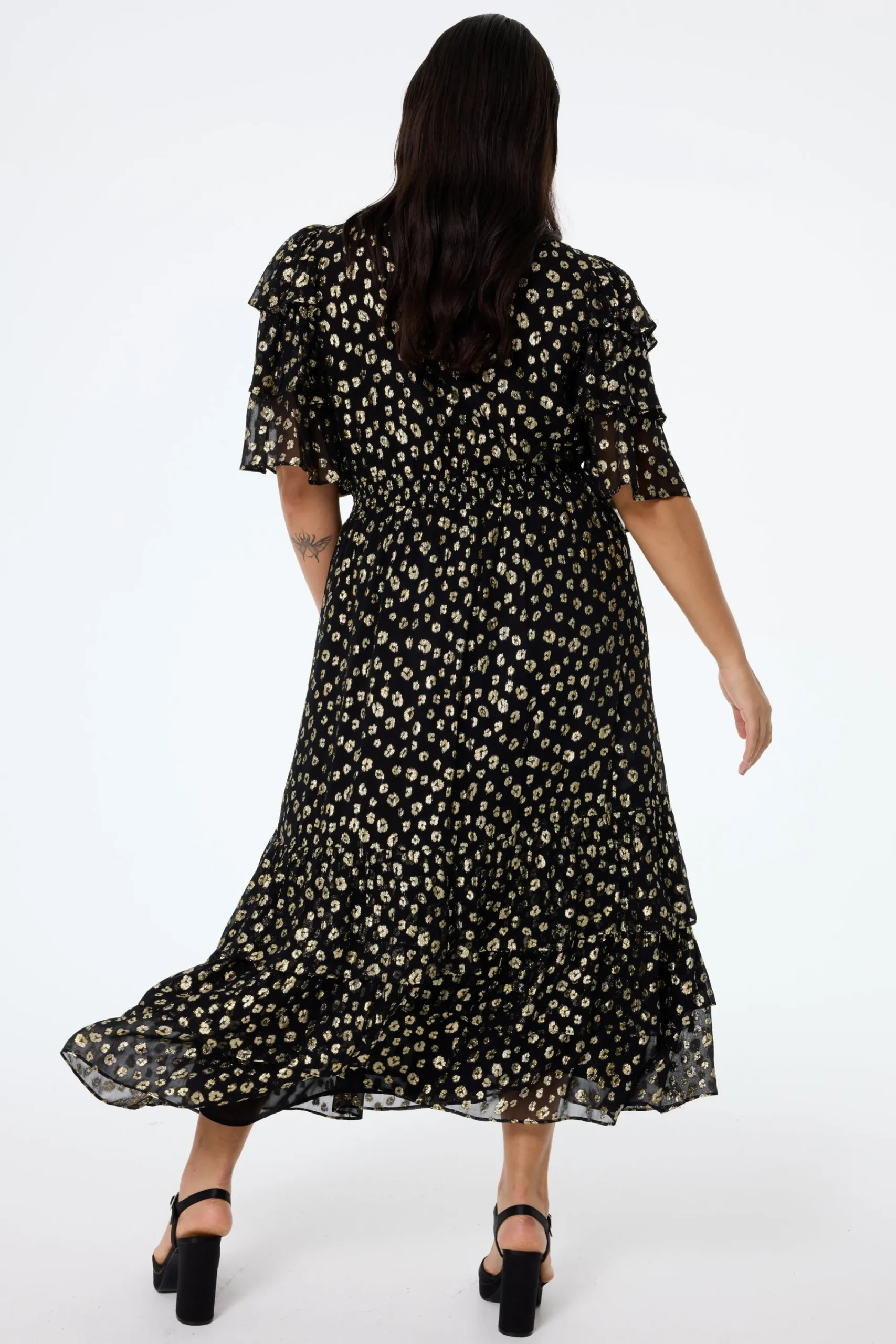 Women Scamp & Dude Black with Gold Spot Leopard Jacquard Ruffle Sleeve Tiered Midi Dress