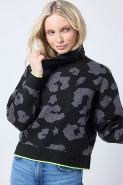 Women Scamp & Dude Black with Grey Mega Leopard Turtleneck Knitted Jumper