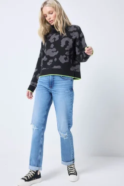 Women Scamp & Dude Black with Grey Mega Leopard Turtleneck Knitted Jumper