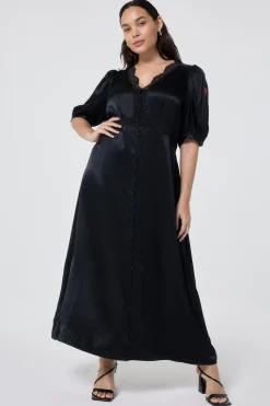 Women Scamp & Dude Black with Lace Trim Satin Puff Sleeve Midi Tea Dress