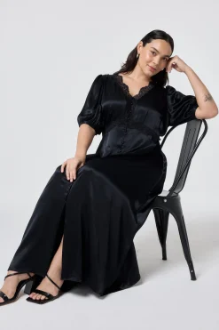 Women Scamp & Dude Black with Lace Trim Satin Puff Sleeve Midi Tea Dress