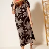 Women Scamp & Dude Black with Off White Palm Spring V-Neck Midi T-Shirt Dress