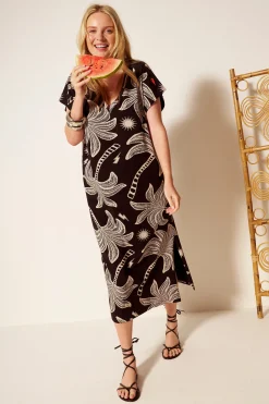 Women Scamp & Dude Black with Off White Palm Spring V-Neck Midi T-Shirt Dress