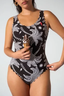 Women Scamp & Dude Black with Off White Palm Spring Scallop Edge Swimsuit