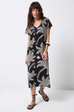 Women Scamp & Dude Black with Off White Palm Spring V-Neck Midi T-Shirt Dress