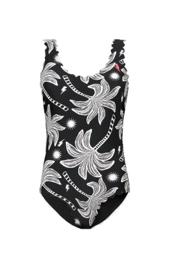 Women Scamp & Dude Black with Off White Palm Spring Scallop Edge Swimsuit