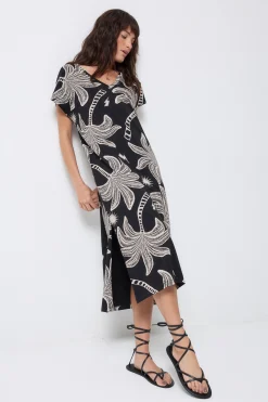 Women Scamp & Dude Black with Off White Palm Spring V-Neck Midi T-Shirt Dress