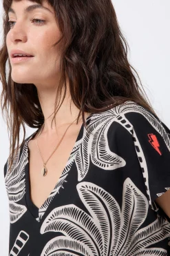 Women Scamp & Dude Black with Off White Palm Spring V-Neck Midi T-Shirt Dress