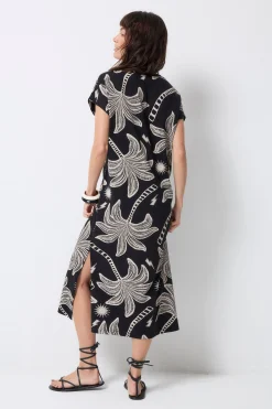 Women Scamp & Dude Black with Off White Palm Spring V-Neck Midi T-Shirt Dress