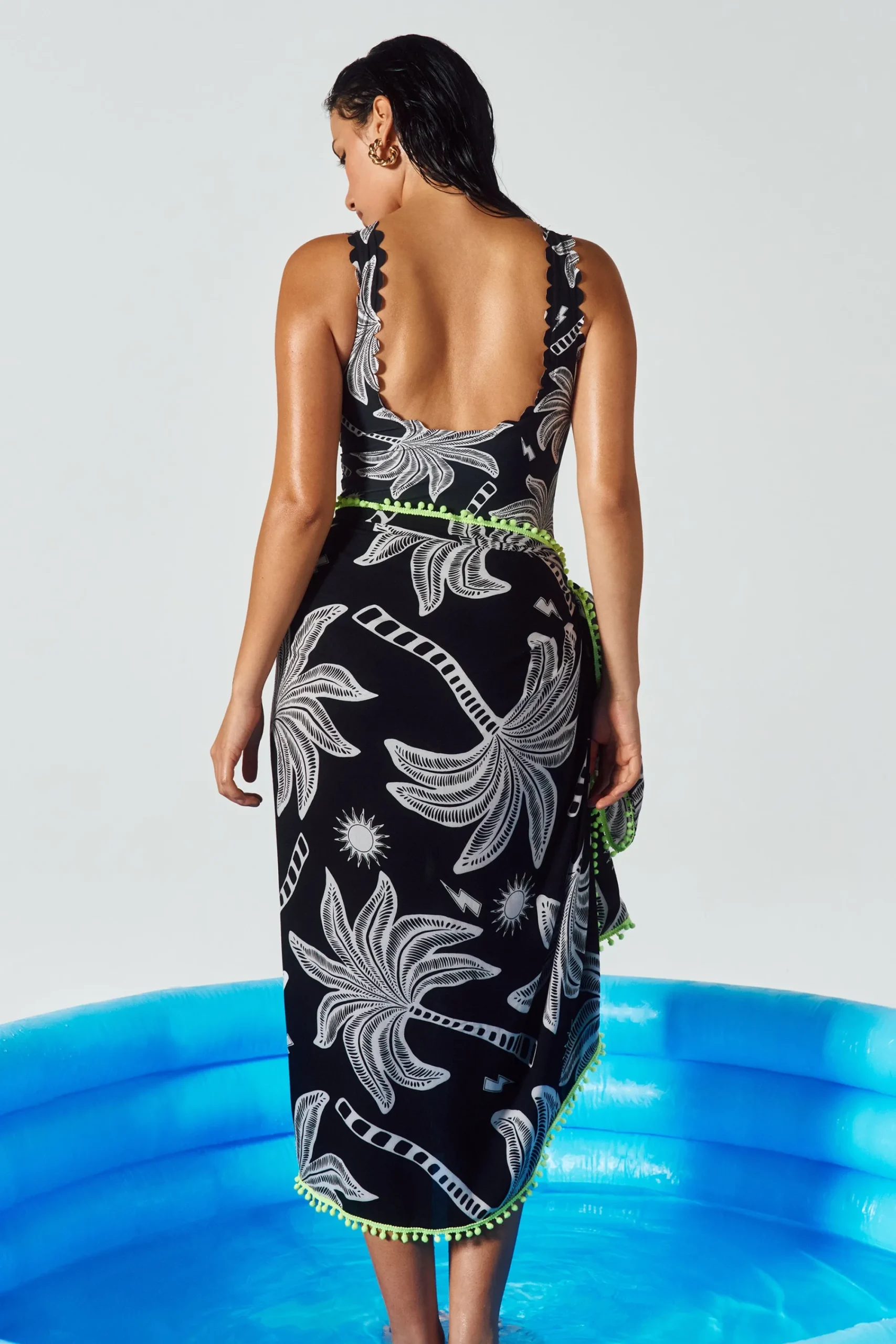 Women Scamp & Dude Black with Off White Palm Spring Scallop Edge Swimsuit