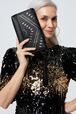 Women Scamp & Dude Black with Pewter Lightning Bolt Laser Cut Clutch Bag