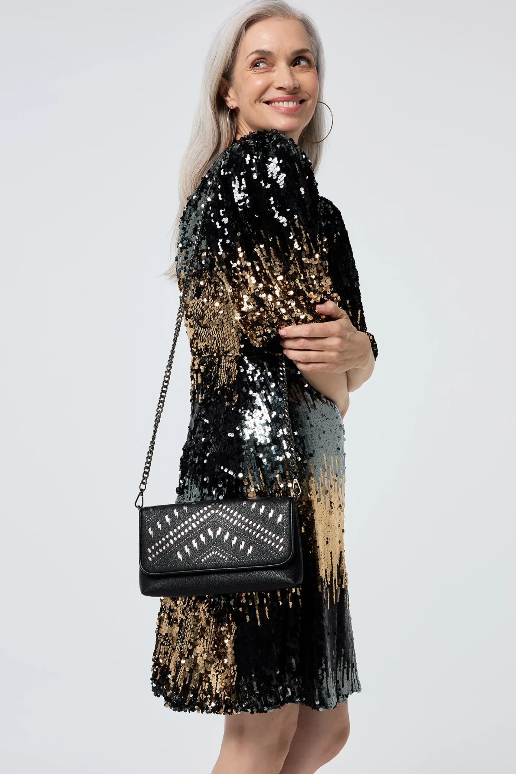 Women Scamp & Dude Black with Pewter Lightning Bolt Laser Cut Clutch Bag