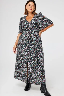 Women Scamp & Dude Black with Rainbow Confetti Angel Sleeve Midi Tea Dress