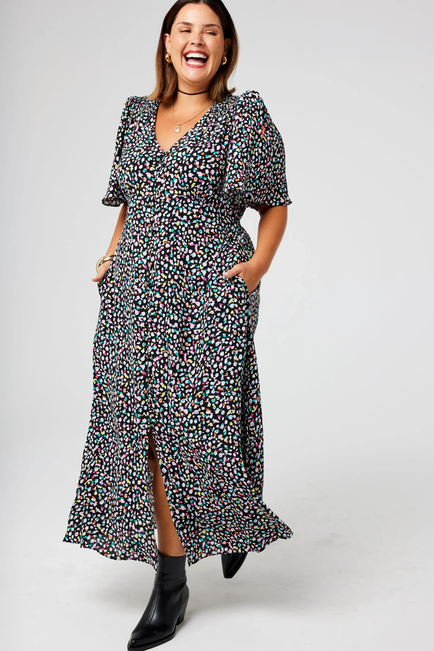 Women Scamp & Dude Black with Rainbow Confetti Angel Sleeve Midi Tea Dress