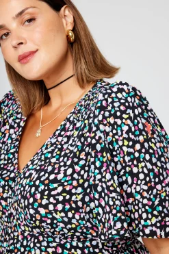 Women Scamp & Dude Black with Rainbow Confetti Angel Sleeve Midi Tea Dress