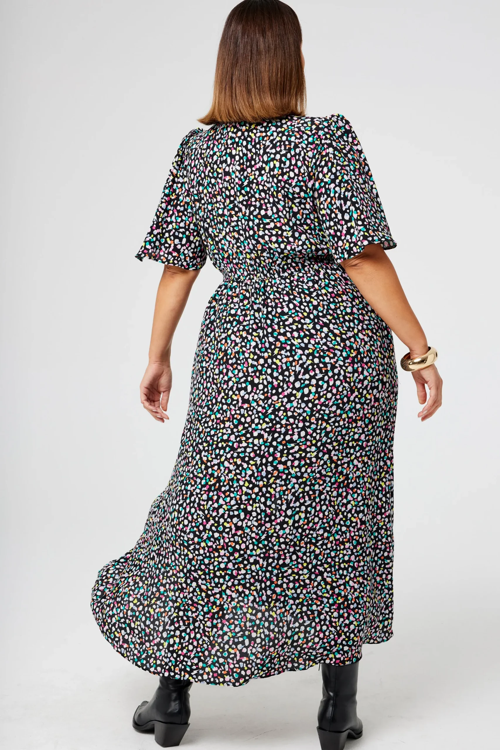 Women Scamp & Dude Black with Rainbow Confetti Angel Sleeve Midi Tea Dress