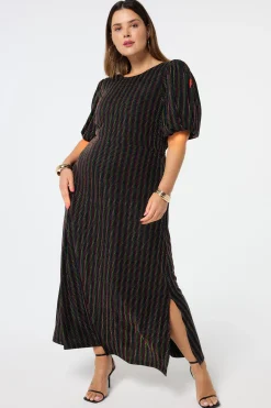 Women Scamp & Dude Black with Rainbow Lurex Stripe Puff Sleeve Midi Dress