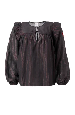 Women Scamp & Dude Black with Rainbow Lurex Frill Shoulder Blouse